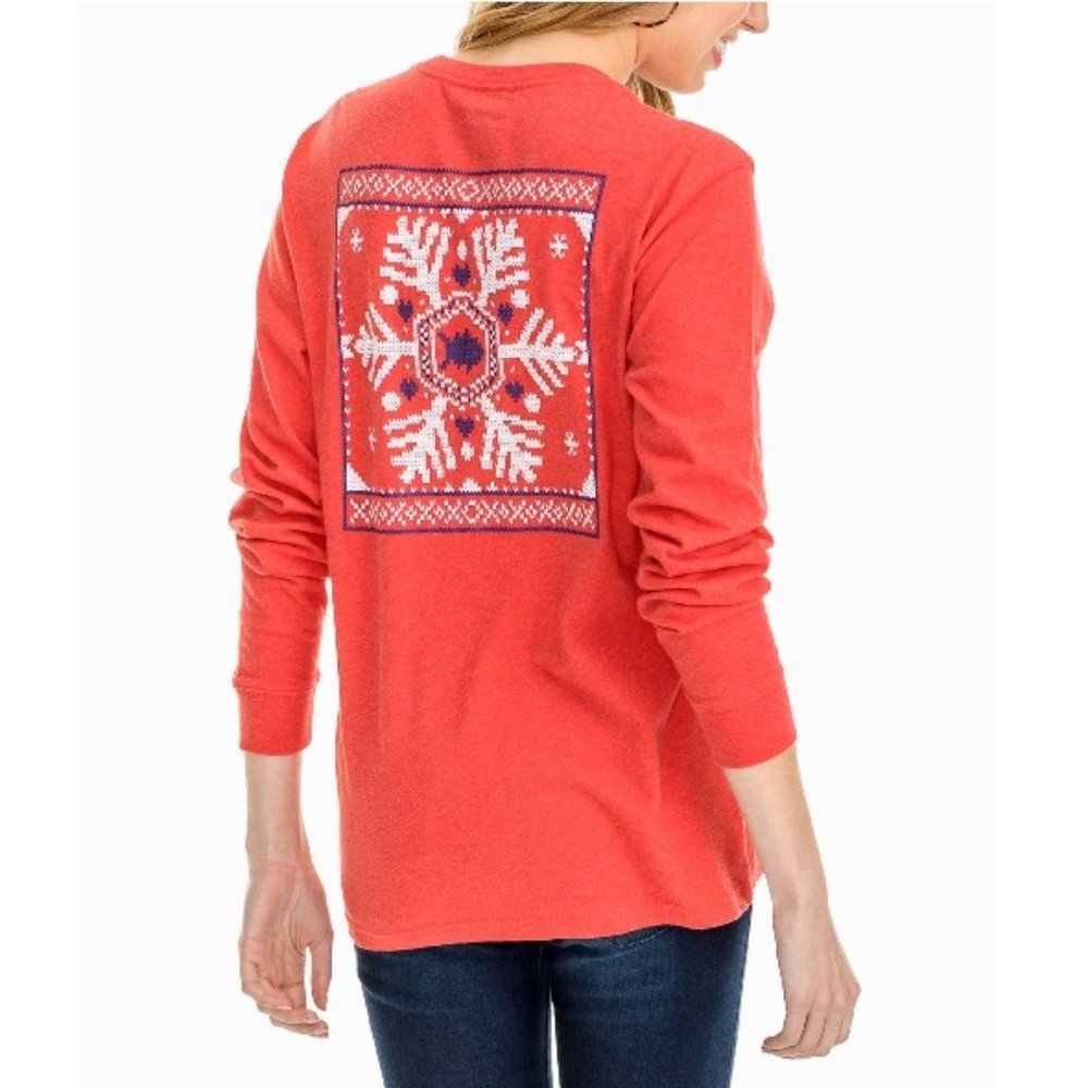 Southern Tide Long Sleeve Fair Isle Skipjack T, Charleston Red S NWT